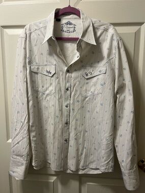 7 Diamonds Men’s White Shirt with Light Blue Micro Print. Embroidered Size XXL
